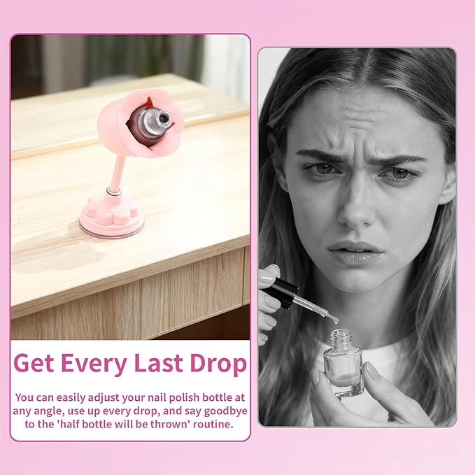 Nail Polish Bottle Holder, Rose-Shaped with 360° Rotating Stem, Tilted for No-Spill, Strong Suction Cup, All-Bottle Fit (Pink)