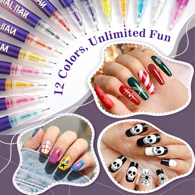 12 Colours Nail Art Markers, Nail Art Pens, Nail Polish Pens Set with Fine Tip, Water-Based Quick Dry Ink for DIY Nail Art, Manicure & Nail Design