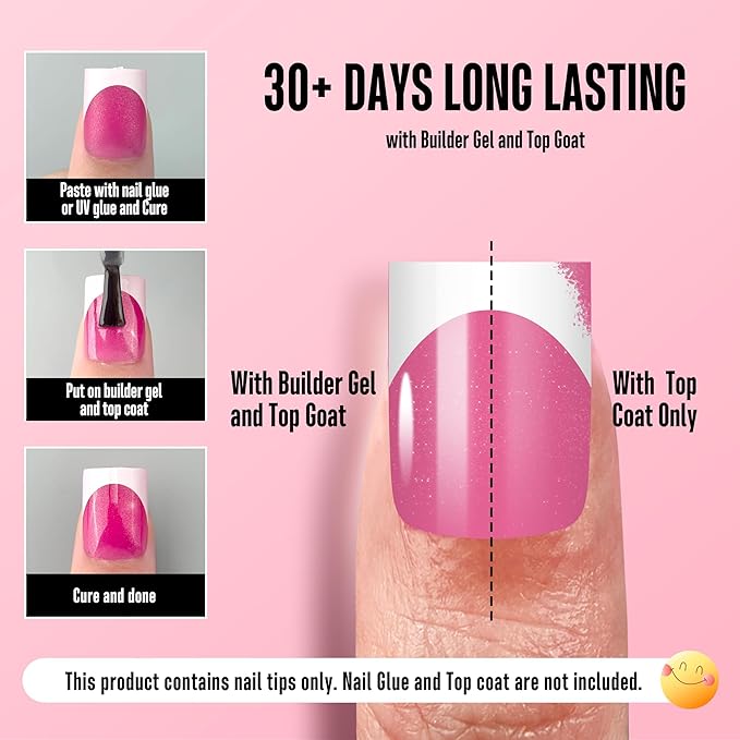 NOVO OVO Short Sharp Square White French Tip Nail Tips Press on ROSE PINK, Need Builder Gel Top Coat Nail Glue, Soft Gel Fake Nail Extension, Full Cover False Nails for Salon DIY x 15 Sizes 240 pcs