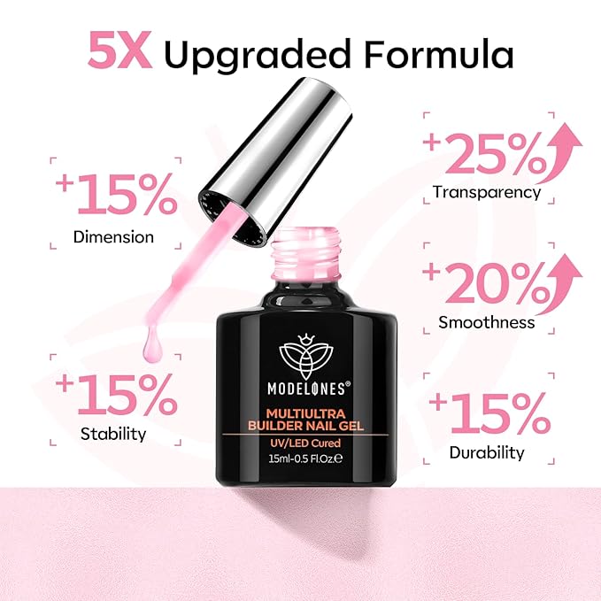 modelones Builder Nail Gel, No Top Coat Needed Builder for Nails Pink, C-Curve Sculpting, Glossy Jelly Finish, No-Wipe, 9-in-One LED Lamp Cured Color Rubber Base Gel Polish for Quick DIY Salon