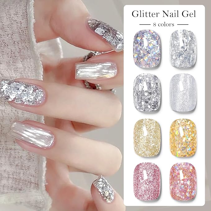 MEET ACROSS 9Pcs Glitter Gel Nail Polish Sliver Broken Gold Pink Flash Gel Polish Kit with Nail Brush, Soak Off UV LED Nail Art Salon & DIY Manicure at Home 8 Colors