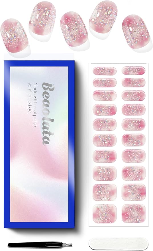 Semi Cured Gel Nail Strips - UV Light Gel Nail Stickers - 20 Long Lasting Salon Quality Wraps (Silver Pink Flower Glint)