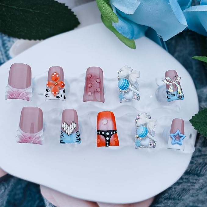Duck Handmade Press on Nails 3D Bow Candy Heart Nails Charms Design - Flower French Tip Short False Nails Multicolor Thick Acrylic Artificial Stick On Nails (Sweet Dream Candy Pops,M)