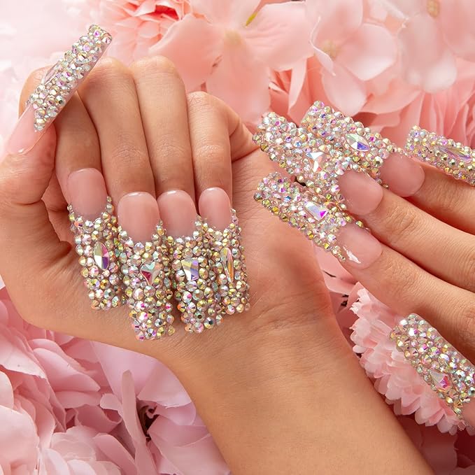 LOVFUL Press on Nails Angel's Tear Rhinestone | Handmade with Full Covered Crystals | Reusable Fake Nails | Square Mid length 1.7in | H48-S