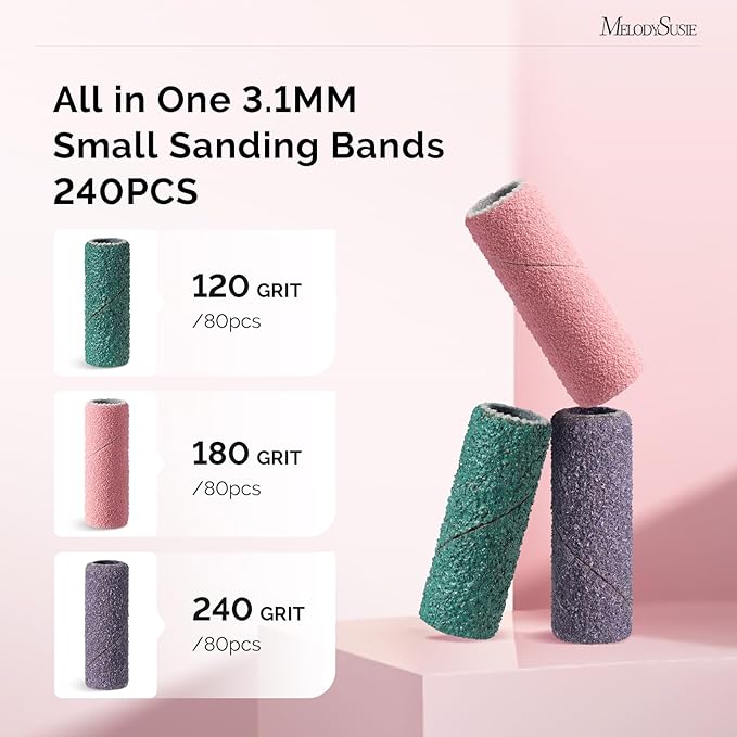 MelodySusie 240 Pcs Nail Drill Bits Small Sanding Bands for 3.1mm Mandrel Bit, 120 Medium, 180 Fine, 240 Extreme Fine Grit for Acrylic Nails Gel Manicures and Pedicure, Colorful (Only Sanding Bands)