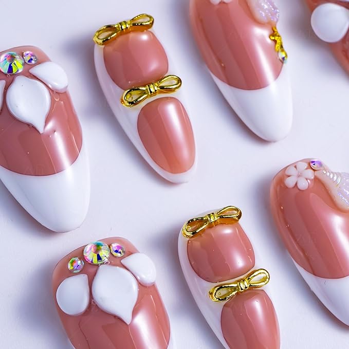 10 Pieces Handmade Press On Nails Medium Almond, White Thickened French False Nails, 3D Flowers And Sea Shells, Reusable Fake Nails Almond, Reusable Acrylic Nails (L)