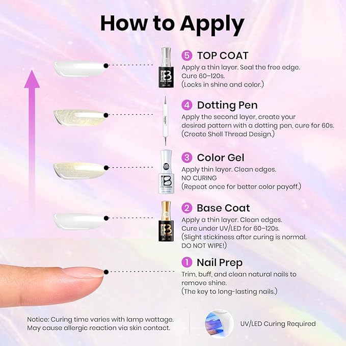 Beetles Gel Nail Polish - Stay Shining Pearly Swirl Shade Set, 6 Colors Mermaid Nail Swirl Shell Thread Effect Polish Soak Off Uv Gel Polish DIY Salon-Quality at Home Gift for Women
