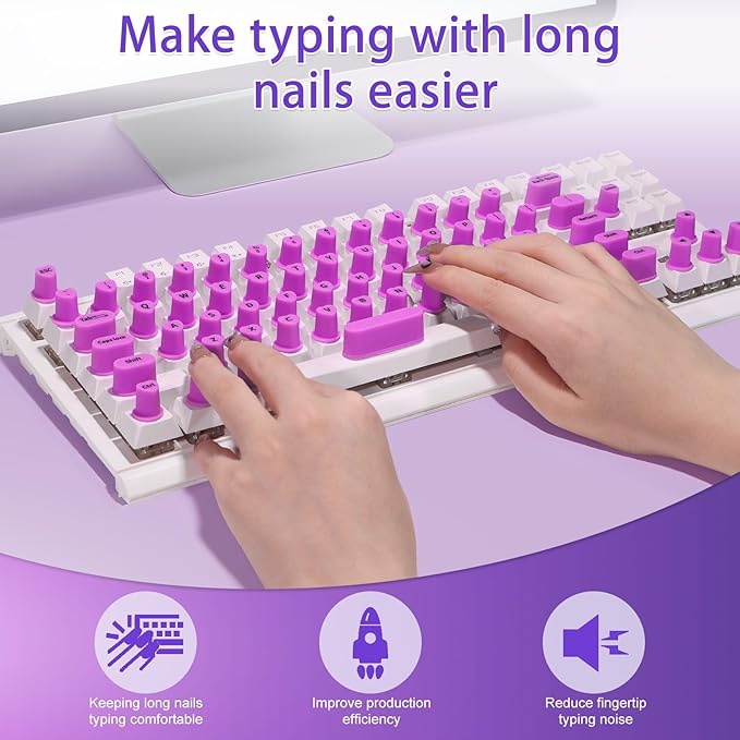 70 Pcs RaisedTip Keyboard Stickers for Long Nails with Letters: Adhesive Typing Bubbles for Women,Office & Gaming Girls Accessories Gift (Purple, 70)