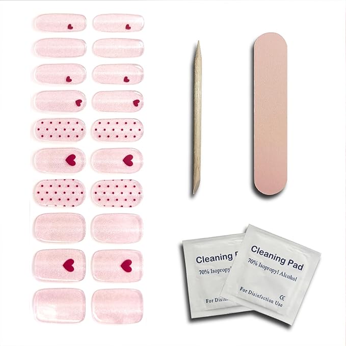 Semi Cured Gel Nail Strips - Red Hearts & Polka Dots with Pink Shimmering Base, At Home Nail Art, Romantic DIY Manicure Kit, Salon Quality Gel Nails