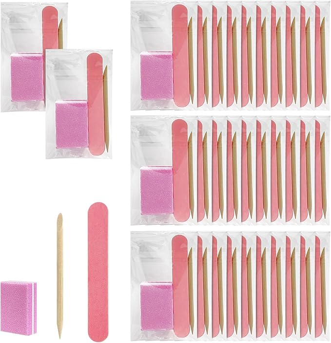 Disposable Manicure kit Individually Package, Mini Nail Buffer, Nail File, Wood Stick, Press on Nail Tool Kit for Salon Home (Pink, Count, 40, 80/100 Grit)