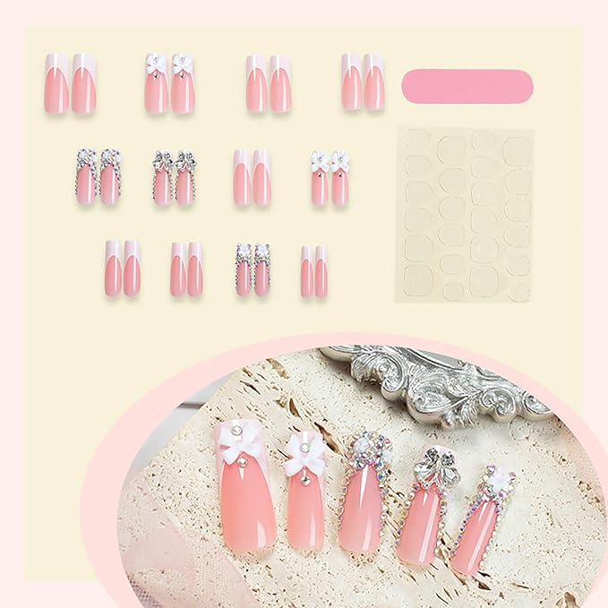 24Pcs Press on Nails Long Square Xl Fake Nails Pink Full Cover Acrylic Nails with Charm Designs False Nails Press Ons Rhinestones Glue on Nail for Women and Girls (White French Rhinestones)