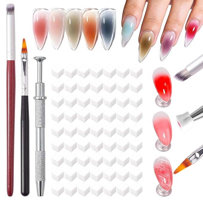 100PCS Soft Sponges With Grabbing Pen and 2 PCS ombre nail brushes set For Ombre And Aura Nails Art, Pro Nail Art Tools Accessories Supplies, Ombre Nail Sponges For Ombre Nails Art Tools