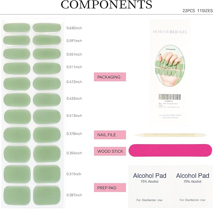 Semi Cured Gel Nail Strips Army Green Solid Gel Nail Stickers with UV/LED Required Long Lasting Gel Nail Stickers for Spring Includes 22 Strips 2 Prep Pads, Nail File & Wooden Stick
