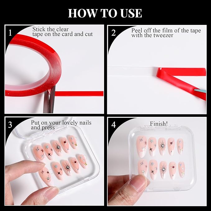 4 Rolls Double Sided Tape For Press On Nails Adhesive Strong Sticky Nail Art Tapes For Nail Packaging Waterproof Removable Traceless Clear Mounting Tape For Salon Nail Tips Designs Showcase