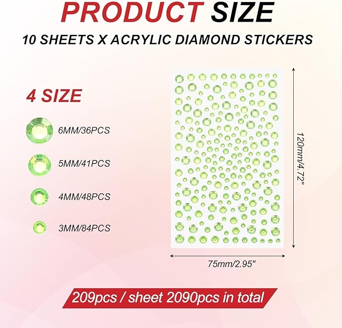 PATIKIL 2090 Pcs Acrylic Gem Sticker, 4 Size 3/4/5/6mm Self Adhesive Rhinestones Face Gem Stones Bling Jewelry for Nail Art Craft Clothes DIY Makeup Decoration Party, Grass Green