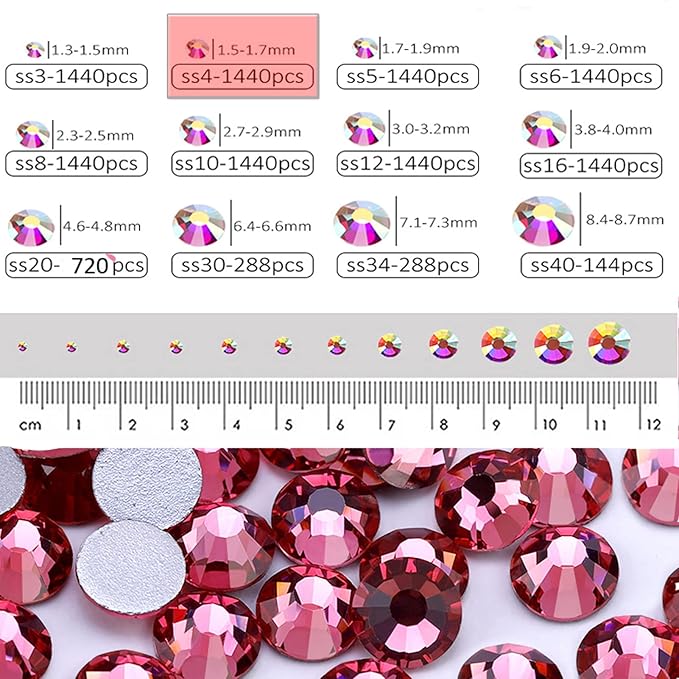Dowarm 1440 Pieces SS4 Flatback Rhinestones, 1.5MM Flatback Nail Crystal Rhinestones for Craft Dance Costumes, Non Hotfix for Face Body Nail Art (SS4 / 1.5MM, Rose)
