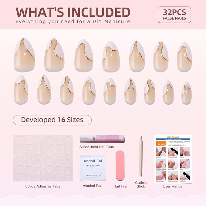 RTKHFZE Press on Nails - Short Almond French Tip Fake Nails with Gold Foil, Soft Gel Glue, Fit Perfectly (Reusable) in 16 Sizes - 32 Pcs Kit
