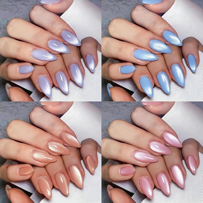 KQueenest 4 Packs Cat Eye Press On Nails Almond, Glitter Summer Press On Nails Medium, Bright Fake Nails Press Ons Almond, Sparkle Chrome Glue On Nails for Women, 96 Pcs False Nails Kit