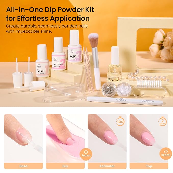 Beetles Dip Powder Nail Kit, 6 Colors Dipping Powder Nude White Pink Glitter with Base Top Coat Activator and Tools for French Nail Art, Easy DIY Home Manicure Salon Gift for Women