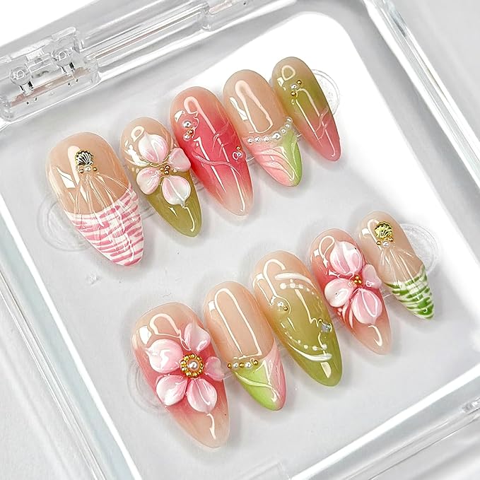 Luxury Press on Nails Medium Almond French Tip Handmade 3D Unique Reusable ABS Material Fake Nails Pink&Green False Nails with Designs Floral Art Petal Glossy Glue on Nails Thick Acrylic Nails(M)