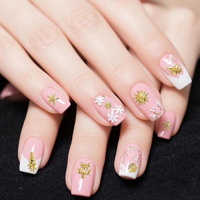 2 Disc Ocean Nail Art Charms, 3D Metal Nails Stickers, Beach Starfish Seashell Decals Manicure DIY Embellishments for Women- Gold