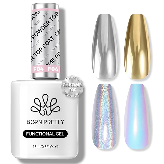 Born Pretty Top Gel for Chrome Nail Powder, 15ml Top Gel for Metallic Gel Nail Polish, Shine Finish and Long Lasting, Soak Off Nail Lamp Gel Nail Art Design