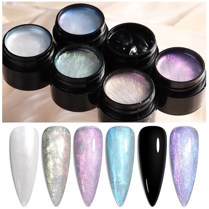 Solid Builder Gel Kit, 6 Colors Non Sticky Hand Solid Builder Gels for Nails Aurora Blue Pink Pearl White Hard Gel With Silicone Carving Pen 3D Sculpting Nail Art Starter Kit