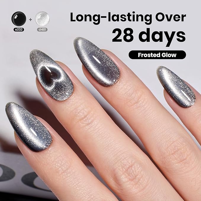 Beetles Stay Shining Silver Cat Eye Gel Nail Polish - 15ML Frosted Glow Silver Glitter Cat Eye Gel Polish with Magnet Soak Off UV Velvet Nail Polish Salon DIY Manicure Gift for Women
