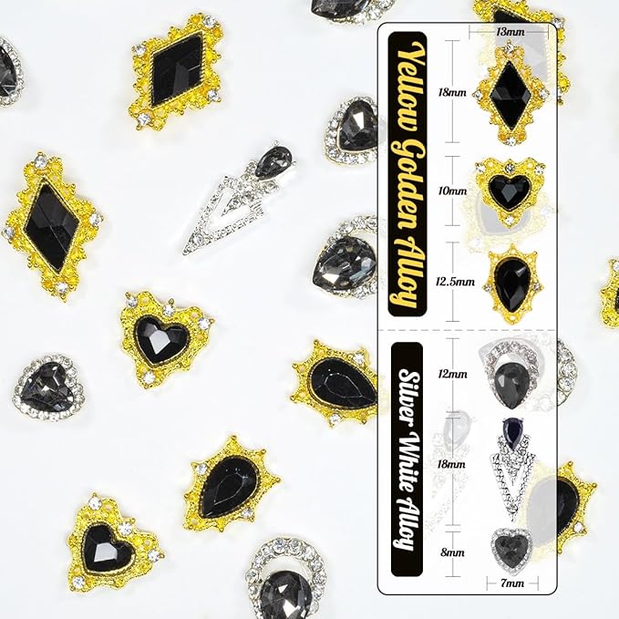 24pcs Black Luxury Nail Charms +2000pcs Jet Black Rhinestones 3D Big Nail Gems K9 Glass Nail Crystals Diamonds Jewelry Stones Alloy Nail Art Studs Decor Supplies Heart Charms for Arylic Nails Crafts