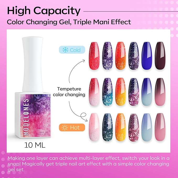 modelones Gel Nail Polish Set, 6 Colors Color Changing Valentine's Day Red Blue Purple Pink Neon Mood Temperature Change Gel Polish Set Soak Off DIY Home Nail Art Gift