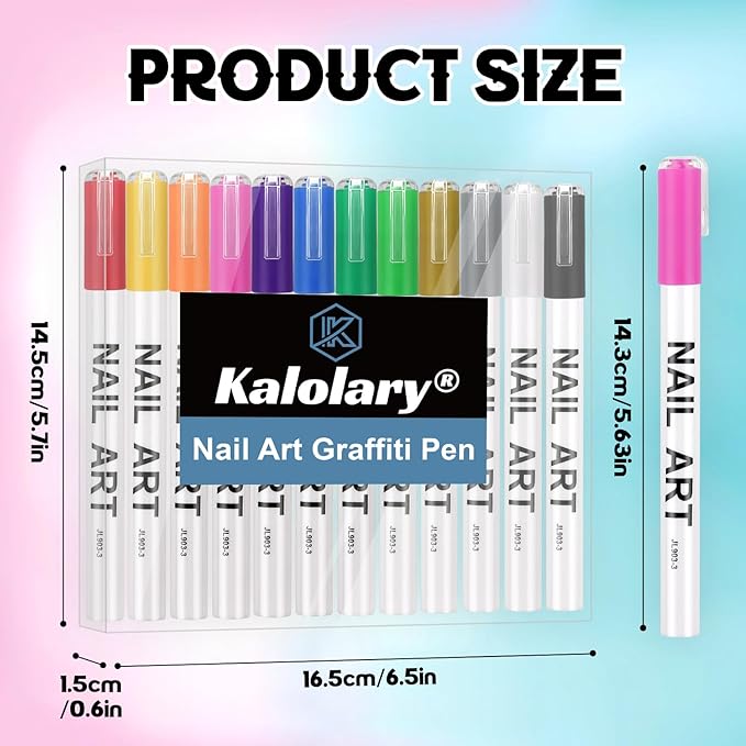 Kalolary 12 Color 3D Nail Art Pens Set, Nail Polish Pens 0.7MM Fine Tip Acrylic Paint Pen Nail Art Markers Quick-Dry Nail Art Tools for Dotting Drawing Painting DIY Nail Art Beauty Manicure(G)