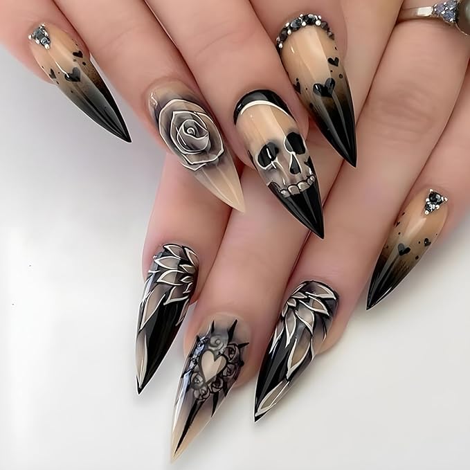 Stiletto Press-on Nails - Goth Fake Nails with Skull & Black Rose Design, Rhinestone Full Cover Acrylic Nails, 24pcs for Women, Girls & Halloween Manicure