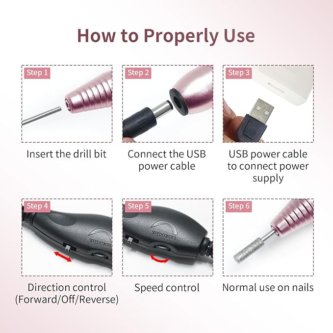 JODSONE Professional Electric Nail Drill 20000RPM Low Noise Work efficiently with 6 Replacement Drills for Salon and Home Use