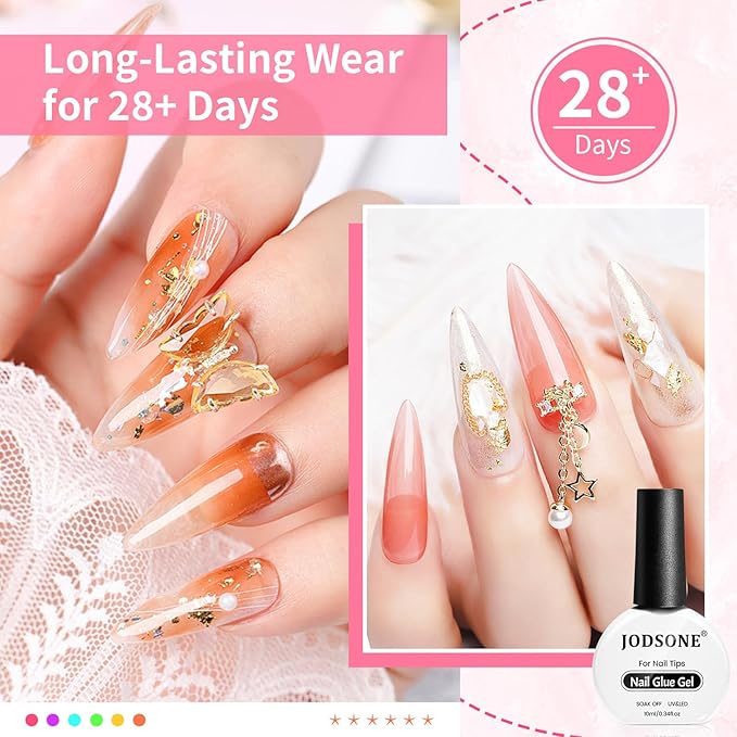 JODSONE 2PCS 10ML Nail Glue Gel for Long Acrylic Extension Nail False Tips and Clear Press On Nails Repair Treatment Rhinestone, Girl Gift for Home Salon Beginner DIY