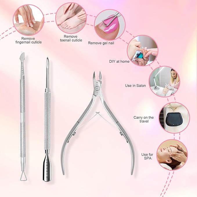 Makartt Cuticle Trimmer with Cuticle Pusher, Silver Nail Trimmer Nail Care Manicure and Pedicure Kit with Stainless Steel Cuticle Nipper and Dual End Nail Pushers for Home Salon Use (Pack of 3 PCS)