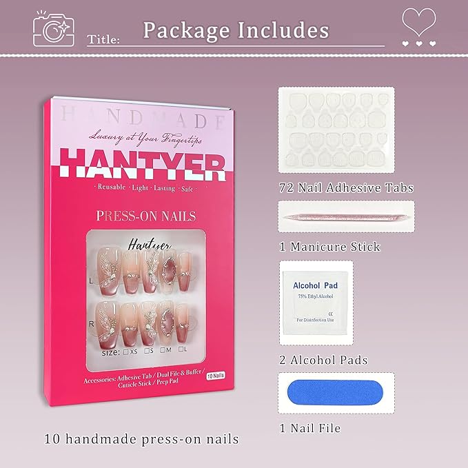 Press on Nails Medium Coffin False Nails with Butterfly Design, White Rhinestones & Pearls, Pink Gradient Glossy Cat Eye, Handmade Tips with Tool Kit Salon Nails Sweet Style for Women(Size L)