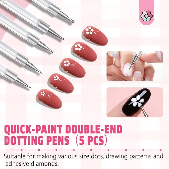 SAVILAND 6pcs Nail Art Liner Brushes & 5pcs Multi-Size Dotting Tools Set - Nail Brush Gel Polish Painting Nail Art Design Brushes Pen with Crushed Diamond Rhinestone Handle for Pulling Lines