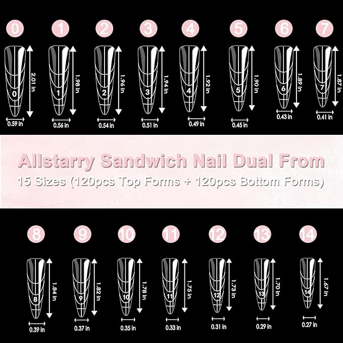 Allstarry Sandwich Dual Nail Forms, Reusable Sandwich Dual Forms 240pcs 15 Sizes Almond Pointed Nail Extensions Plastic Poly Gel Nails Forms for Builder Gel No Paper Forms Need Moldes Dual Nails Mold
