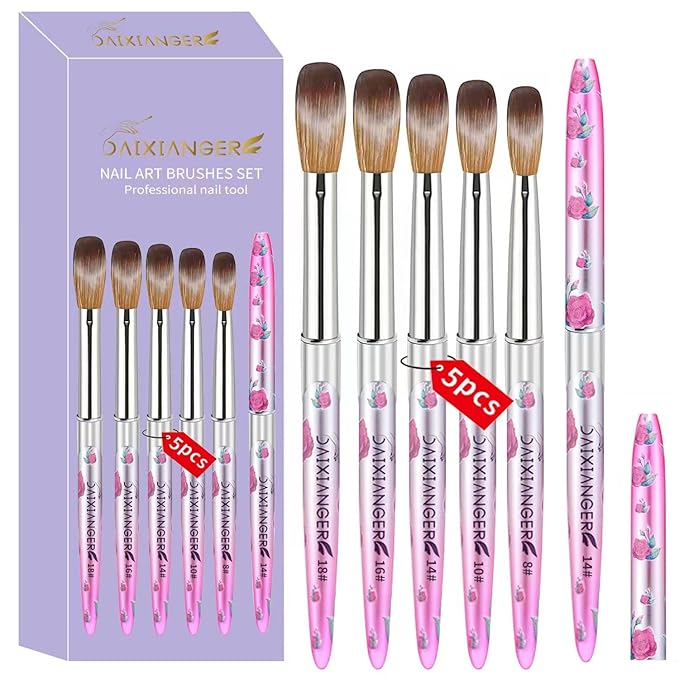 5PCS Valentine Acrylic Nail Brush Set - Size 8/10/14/16/18 Brushes for Acrylic Powder Application, 3D Carving & Nail Art Extension, Pink Flower Handle Nail Tools for DIY Salon Manicure