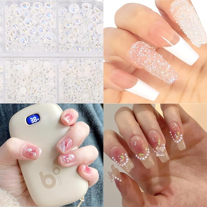 HNUIX Nail Rhinestones and Pearls Nail Charms, 4Box Crystals Nail Gems, Rhinestones, Pearl for Nails Gemstones Bling for DIY Nail Art Decor, with Wax Pencil and Tweeze