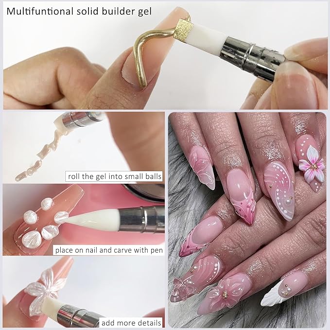 Solid Builder Gel for Nails, Pearly White & Clear Solid Builder Gel Non-Sticky Hard Gel for Nails with Silicone Carving Pen 3D Sculpting Gel Iridescent Nail Gel Manicure Salon Supplies