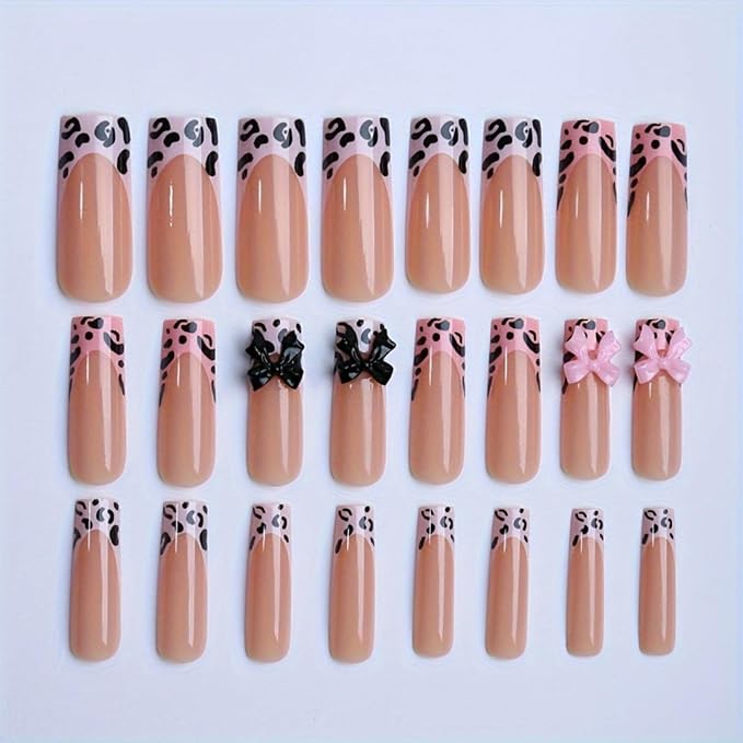Long Square Press on Nails Fake Nails Artificial Nail Stick on Nail for Women Pink Leopard Print with Cute Pink & Black Bow Knots on Nude French Tip Nails