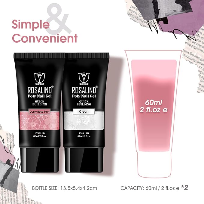 ROSALIND Clear Rose Pink Acrylic Poly Extension Gel, 2 PCS 60ml Clear Rose Poly Nail Gel Set, Builder Pink Gel Nail Thickening Poly Nail Gel Tube Easy to DIY Use Need UV Lamp