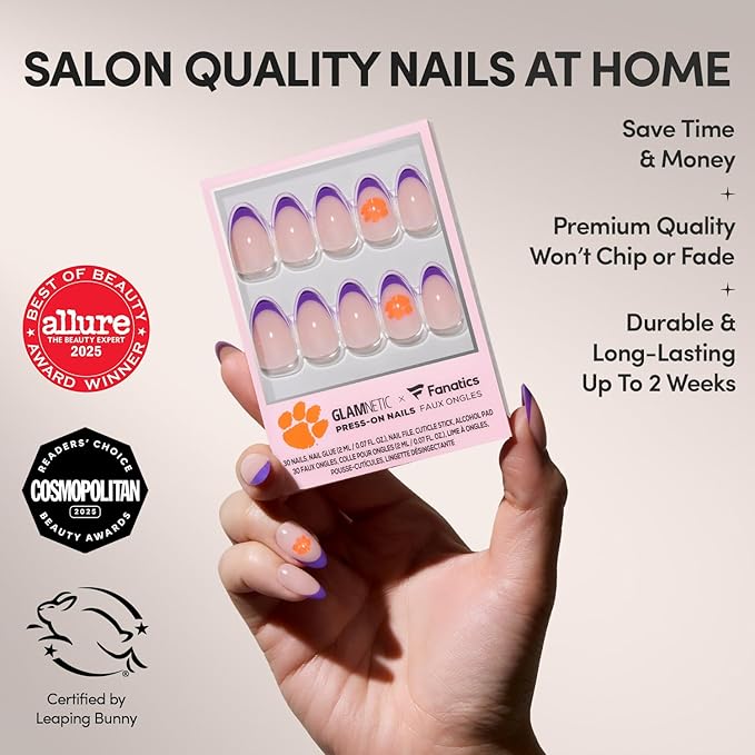 Glamnetic x Fanatics Press On Nails - Clemson Tigers | Short Almond Fake Nails, Collegiate Tiger Purple French Tips, College Nails, Salon-Quality | 15 Sizes - 30 Nail Kit with Glue