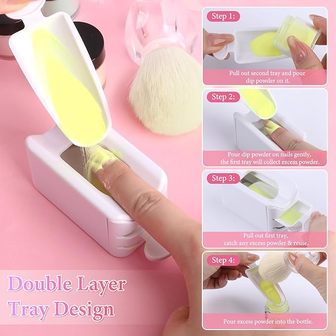 Dip Powder Recycling Tray System, Portable Nail Dip Powder Tray Kit with Nail Dust Brush, Glass Nail File, French Nail Art Manicure Essential Tool, Makeup Tool Glitter Saver(White)