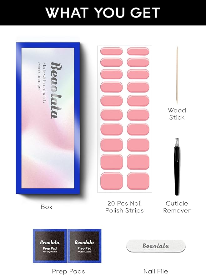 Semi Cured Gel Nail Strips - UV Light Gel Nail Stickers - 20 Long Lasting Salon Quality Wraps (Pink Reverie)