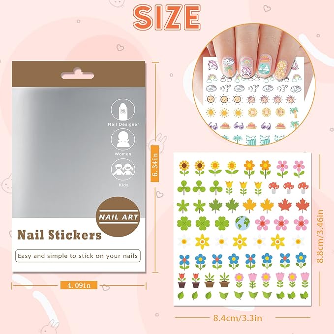 24 Sheets Nail Stickers Nail Art for Women Girls Cherry Fruit Yellow Duck Rabbit Cute Animals Self Adhesive DIY Design Printing Kids Nail Stickers Spring Nail Decoration Decals 1 Tweezers