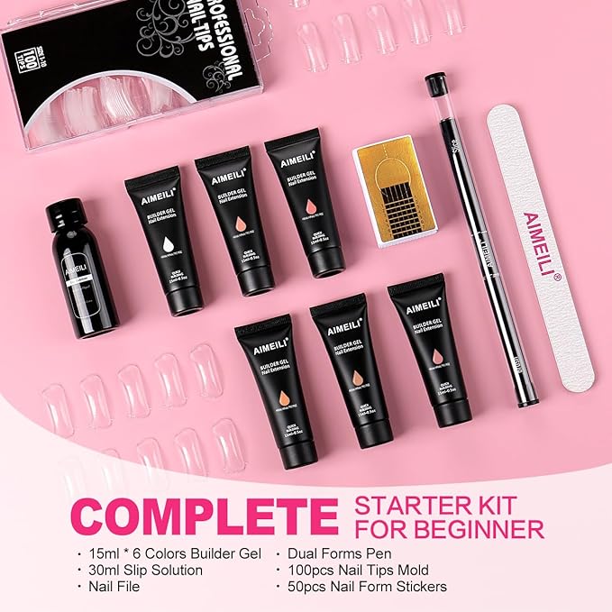 AIMEILI Hema Free Builder Nail Gel Natural Color Gel, 6 Colors 15ml Nail Extension Kit U V LED Nail Enhancement Gel Starter Kit with False Nail Kit