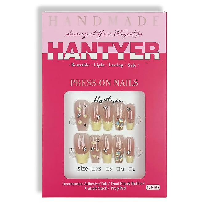 Ballet Press On Nails Medium Coffin 10PCS with Tools Kit,Handmade French Blush Pink Nails with Milky Tip, Heart Design & Glitter Gradient Fake Nails,Cute Korean Style False Nails(Size M)