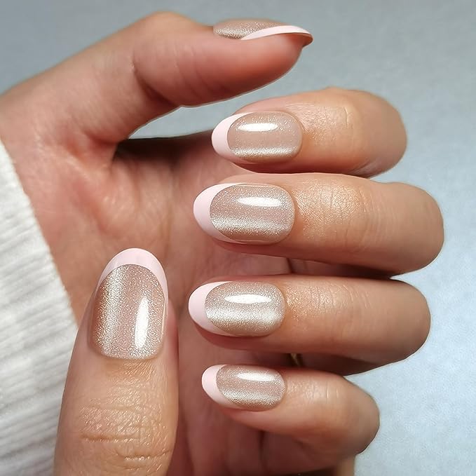 Pink French Tip Soft Gel Press on Nails Short Almond Cats Eyes Fake Nails Designs Bling Acrylic Nails Full Cover Stick on Nails Glossy Thickened False Nails with Nail Glue for Women's Daily